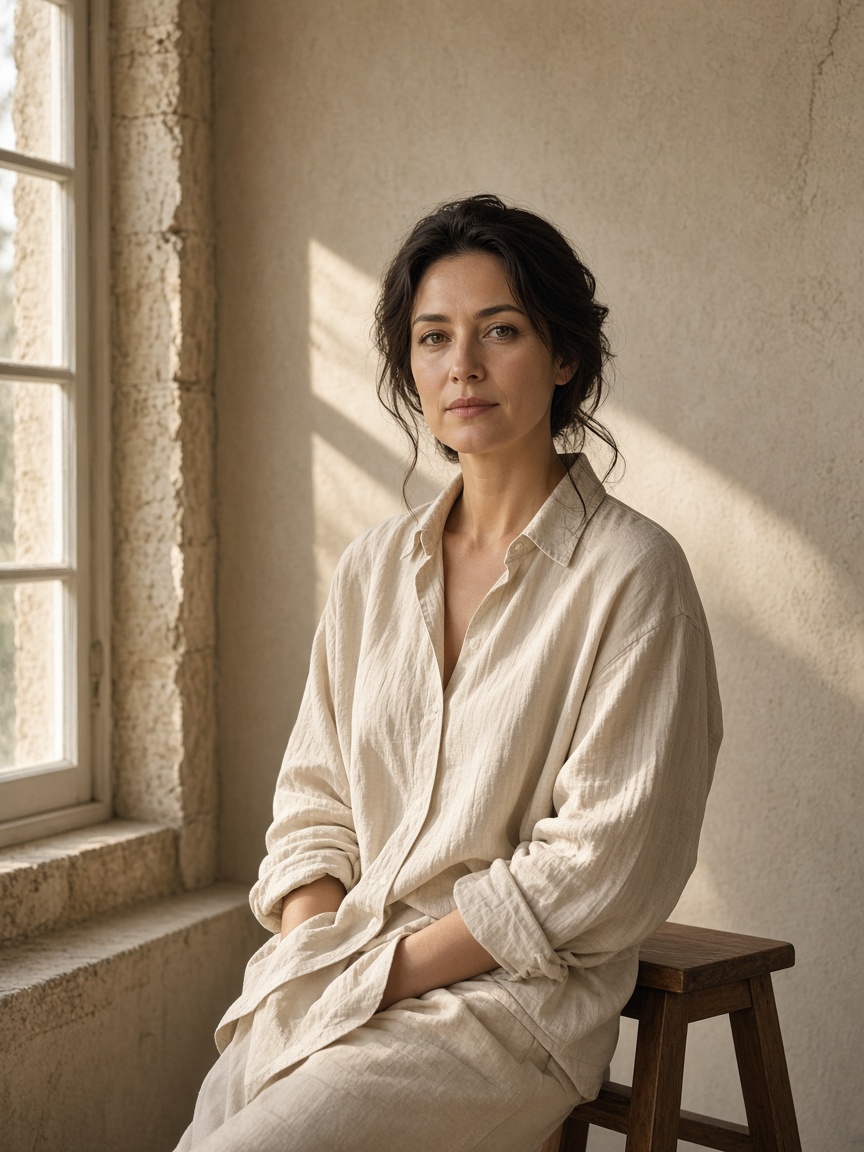 Woman in a cream linen shirt sitting on a wooden stool beside a tall window, late sun on a plaster wall