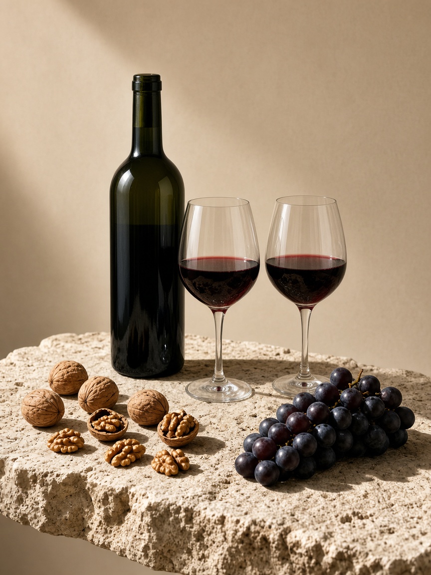 Unlabelled wine bottle, two glasses of red wine, walnuts and dark grapes on pale limestone