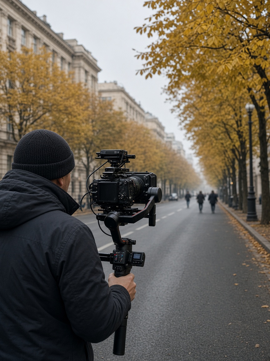 Camera operator with a gimbal filming a boulevard lined with yellow chestnut trees