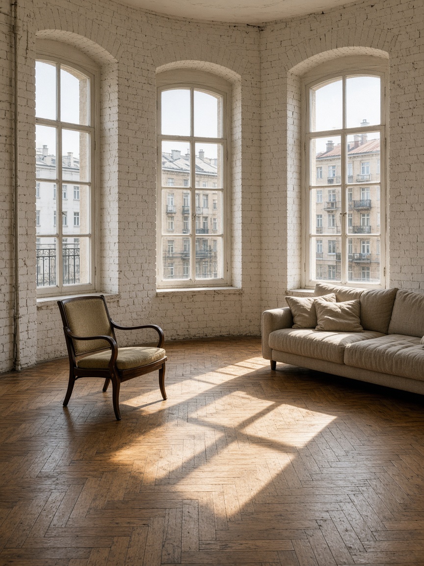 Daylight loft with arched windows and sun on herringbone parquet