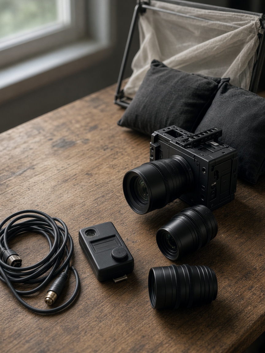 Cinema camera, prime lenses, light meter and sandbags on a wooden bench