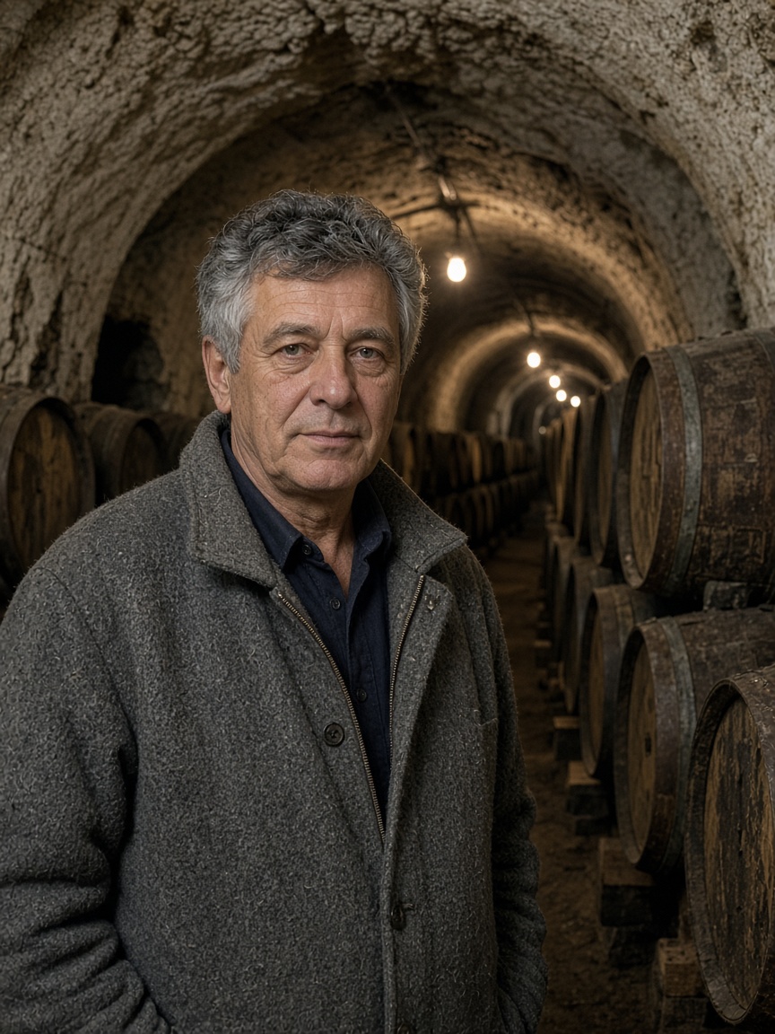 Grey-haired winemaker in a wool jacket in a limestone cellar lined with oak barrels
