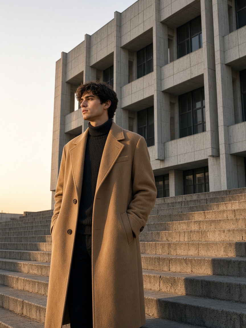 Young man in a long camel coat on the concrete steps of a modernist building at golden hour