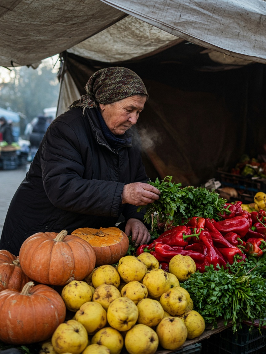 Older woman arranging herbs above pumpkins, quinces and red peppers at a market stall