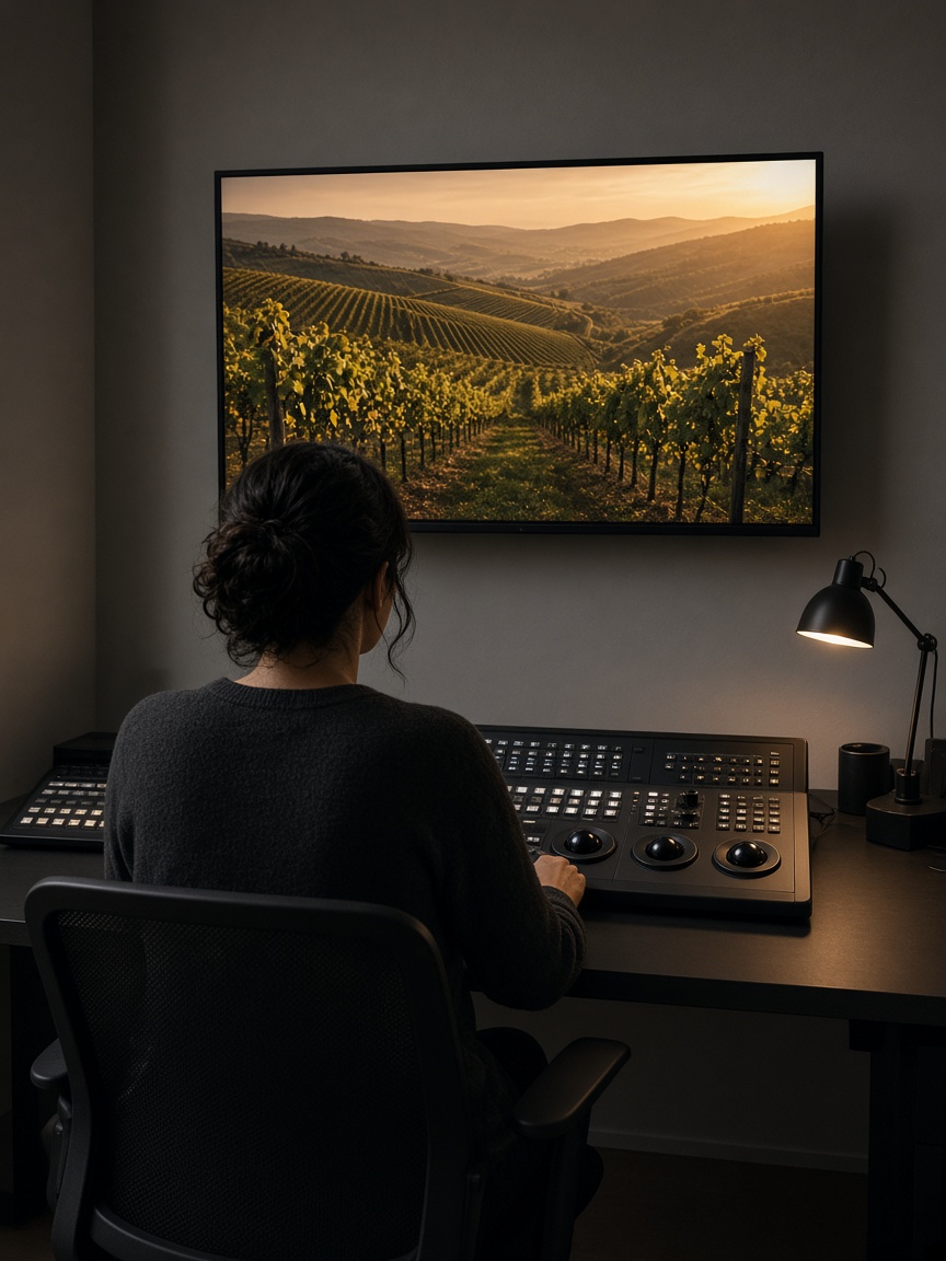 Colourist at a grading panel in front of a monitor showing vineyards at sunset